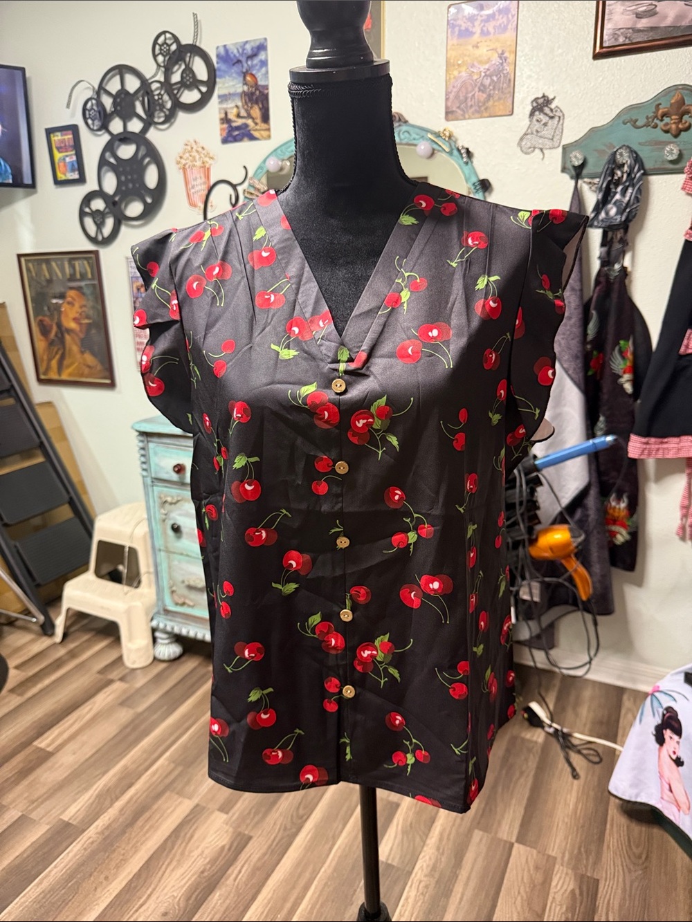 Womens Black Cherry Print V-Neck Blouse